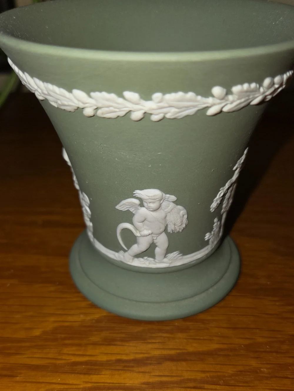 Vtg Wedgwood Green Jasperware Vase with White Classical Relief